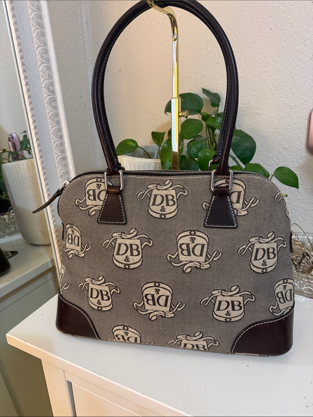 DB Logo Canvas & Leather Satchel Handbag - Brown/Beige